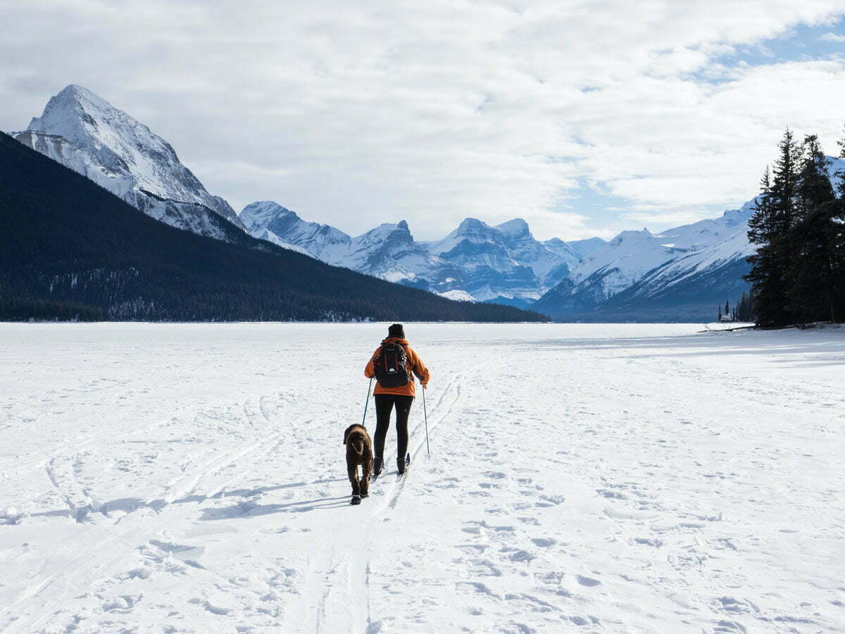 woman snow shoeing outdoors with dog