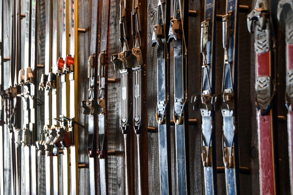 Vintage skis on a wall